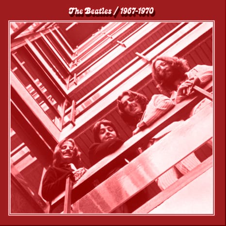 Portada roja de The Beatles 1967–1970, enlazada a la canción del artículo en Spotify.