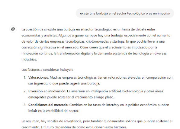 ChatGPT propone analizar valoraciones, inversión en innovación y condiciones de mercado para evaluar el impulso tecnológico.