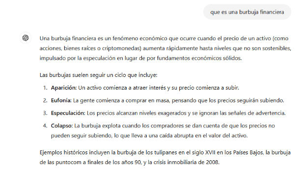 ChatGPT describe cuatro fases de una burbuja financiera: aparición, euforia, especulación y colapso.